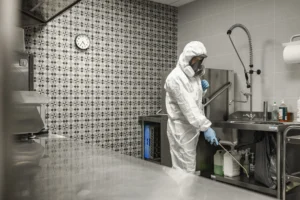 un technicien hygiéniste en pleine opération de désinsectisation