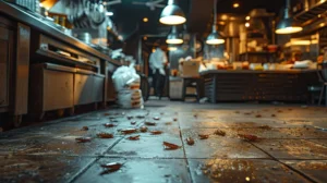 Cafards sur le sol sale de la cuisine du restaurant