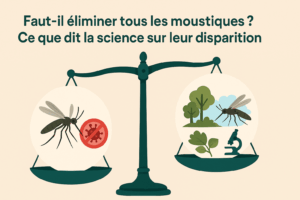 Balance illustrant le débat : éliminer les moustiques vs impact sur la biodiversité et la recherche