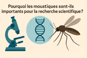 Illustration d’un moustique avec microscope et ADN, importance en recherche scientifique