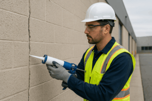 Technicien scellant une fissure de mur pour empêcher l’entrée des nuisibles