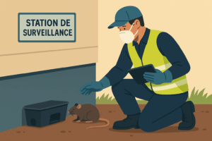 Technicien plaçant une station de surveillance contre les rongeurs dans un site industriel