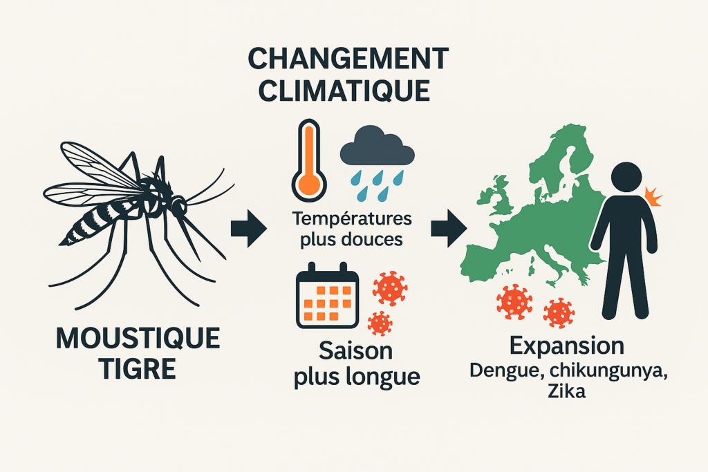 Infographie montrant l’impact du changement climatique sur l’expansion du moustique tigre et des maladies comme la dengue, le chikungunya et le Zika