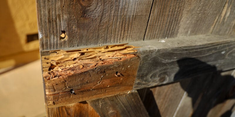 Poutre en bois présentant des trous d’envol et des galeries, signes possibles d’une infestation d’insectes xylophages.