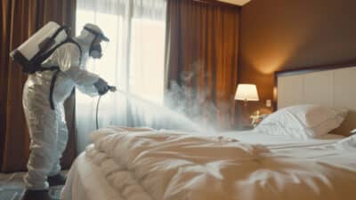Professionnel désinfectant une chambre d'hôtel, pulvérisant des produits chimiques pour assurer un environnement propre et sûr.
