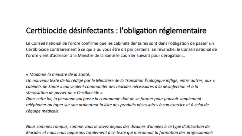 Certibocide : Lettre de dérogation du ONCD