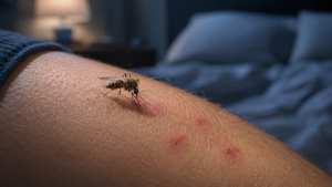 Moustique et peau en gros plan