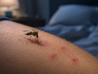 Moustique et peau en gros plan