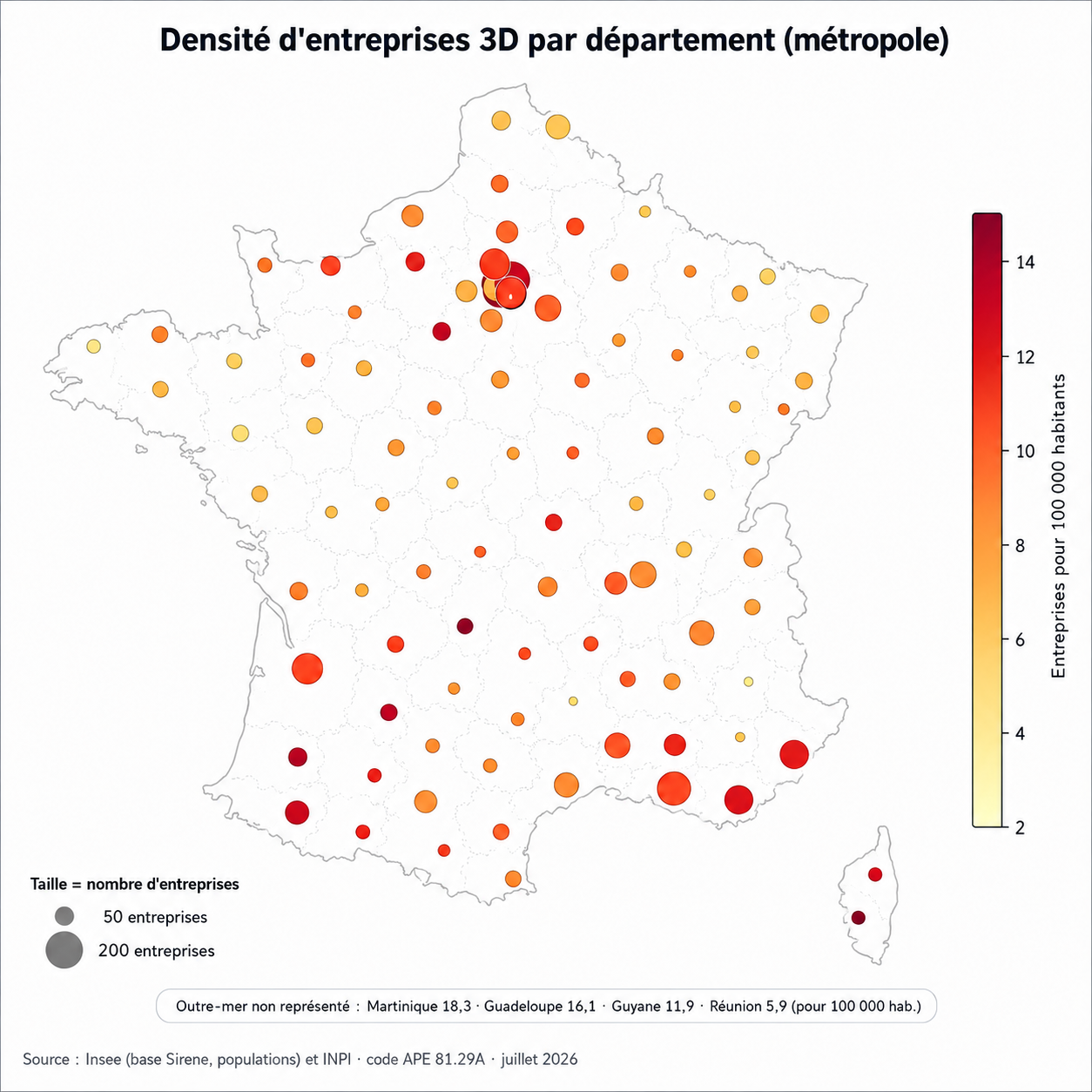 Carte de France montrant le nombre et la densité d’entreprises de lutte antiparasitaire par département.