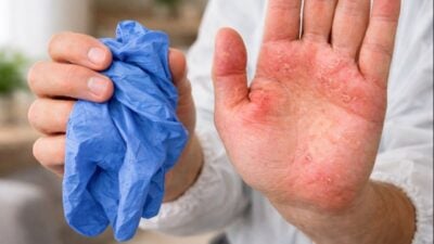 Main présentant des irritations cutanées tenant un gant nitrile retiré après une intervention professionnelle