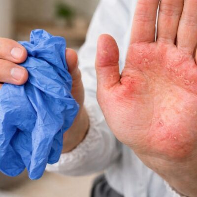 Main présentant des irritations cutanées tenant un gant nitrile retiré après une intervention professionnelle