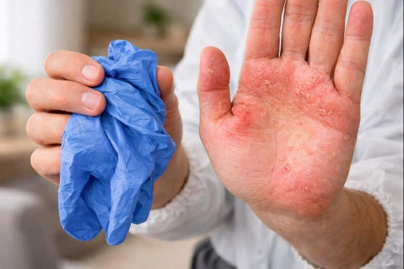 Main présentant des irritations cutanées tenant un gant nitrile retiré après une intervention professionnelle