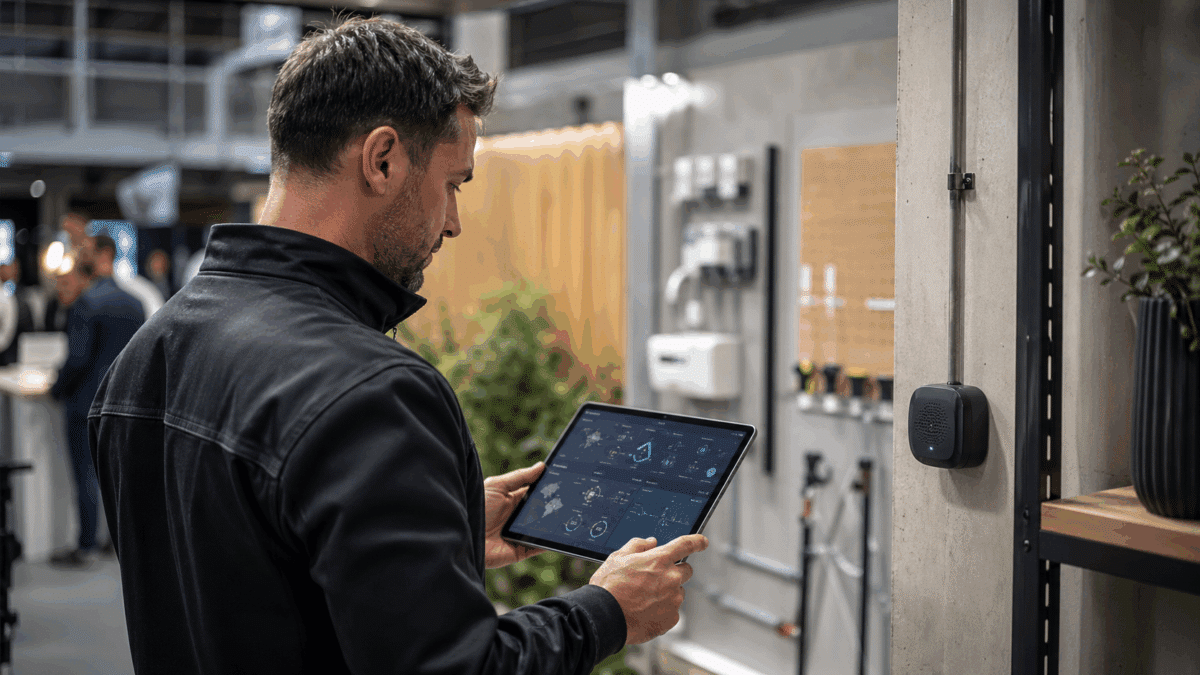 Technicien en lutte antiparasitaire consultant une tablette de suivi connecté des interventions