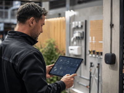 Technicien en lutte antiparasitaire consultant une tablette de suivi connecté des interventions