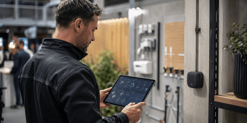 Technicien en lutte antiparasitaire consultant une tablette de suivi connecté des interventions