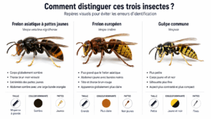 Frelon asiatique, frelon européen et guêpe commune : différences visuelles.