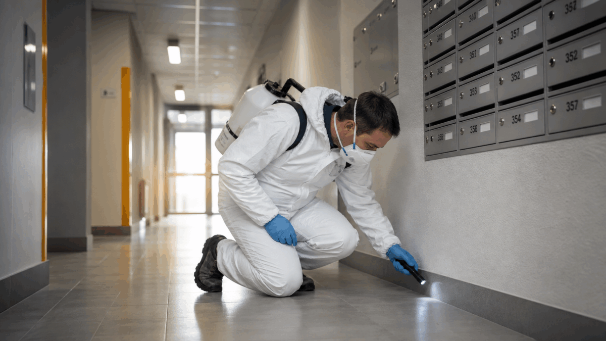 Technicien antiparasitaire inspectant les plinthes d’un immeuble résidentiel pour détecter les nuisibles