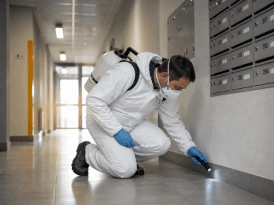 Technicien antiparasitaire inspectant les plinthes d’un immeuble résidentiel pour détecter les nuisibles