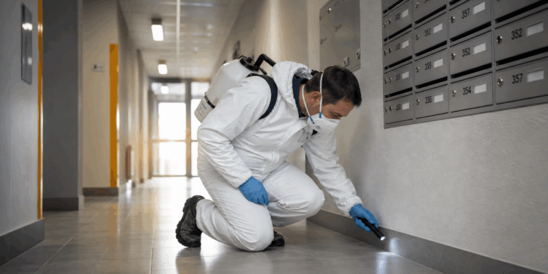 Technicien antiparasitaire inspectant les plinthes d’un immeuble résidentiel pour détecter les nuisibles