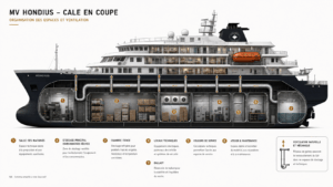 Cale du MV Hondius en coupe avec zones de stockage et ventilation
