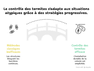 Pont illustrant le passage des méthodes classiques inefficaces à un contrôle des termites efficace