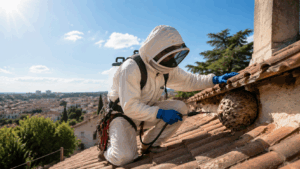 Technicien en combinaison de protection traitant un nid de frelons sur toit