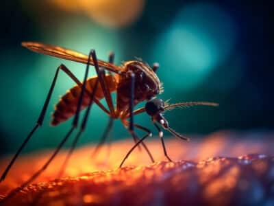 Gros plan d’un moustique piquant la peau humaine