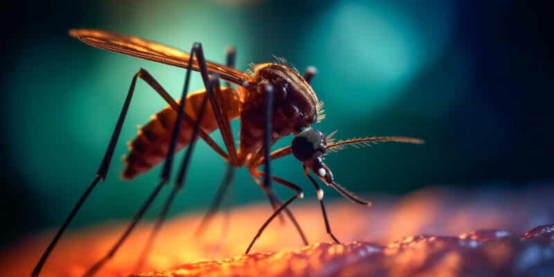 Gros plan d’un moustique piquant la peau humaine