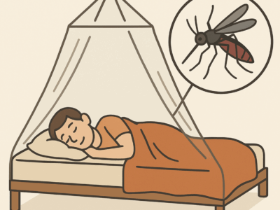 personne dans un lit avec une moustiquaire pour se protéger des moustiques