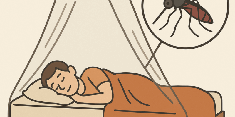 personne dans un lit avec une moustiquaire pour se protéger des moustiques