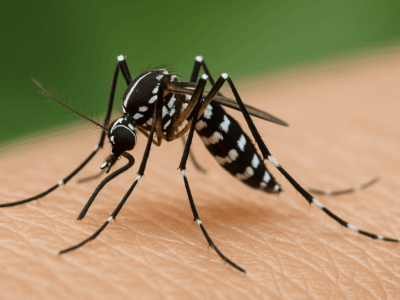 Gros plan d’un moustique tigre piquant la peau humaine