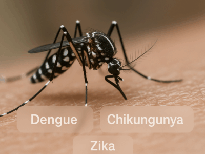 Gros plan d’un moustique noir à rayures blanches en train de piquer la peau humaine, avec les noms dengue, chikungunya et Zika affichés en bas de l’image.