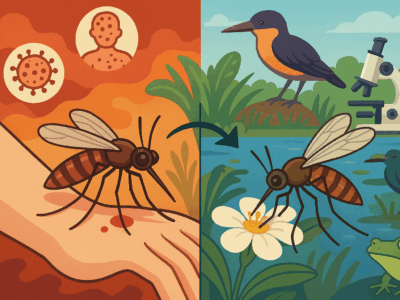 Moustique tigre sur fleur près d’une zone humide, risque sanitaire