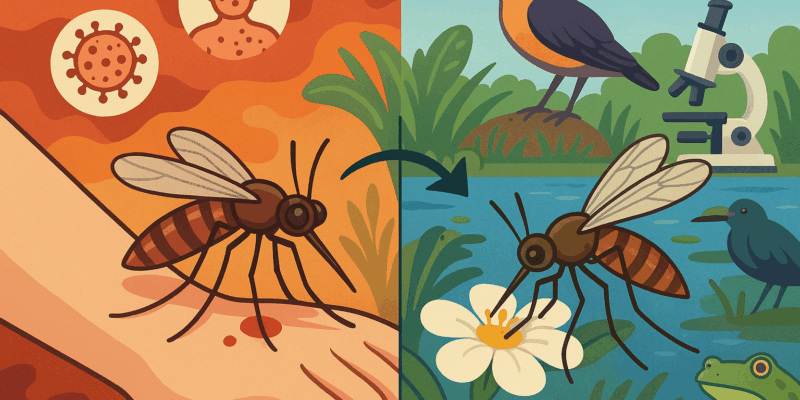 Moustique tigre sur fleur près d’une zone humide, risque sanitaire