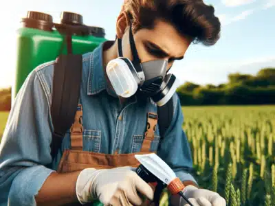 Technicien hygiéniste appliquant des pesticides dans un champ, portant un équipement de protection comprenant un masque et des gants. àprès une formation produit phytosanitaire