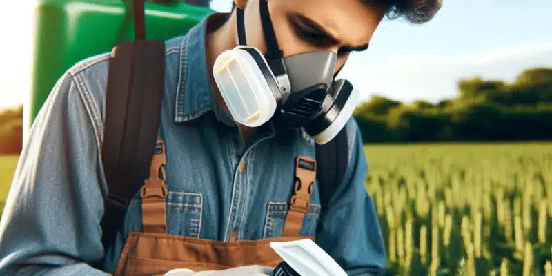 Technicien hygiéniste appliquant des pesticides dans un champ, portant un équipement de protection comprenant un masque et des gants. àprès une formation produit phytosanitaire
