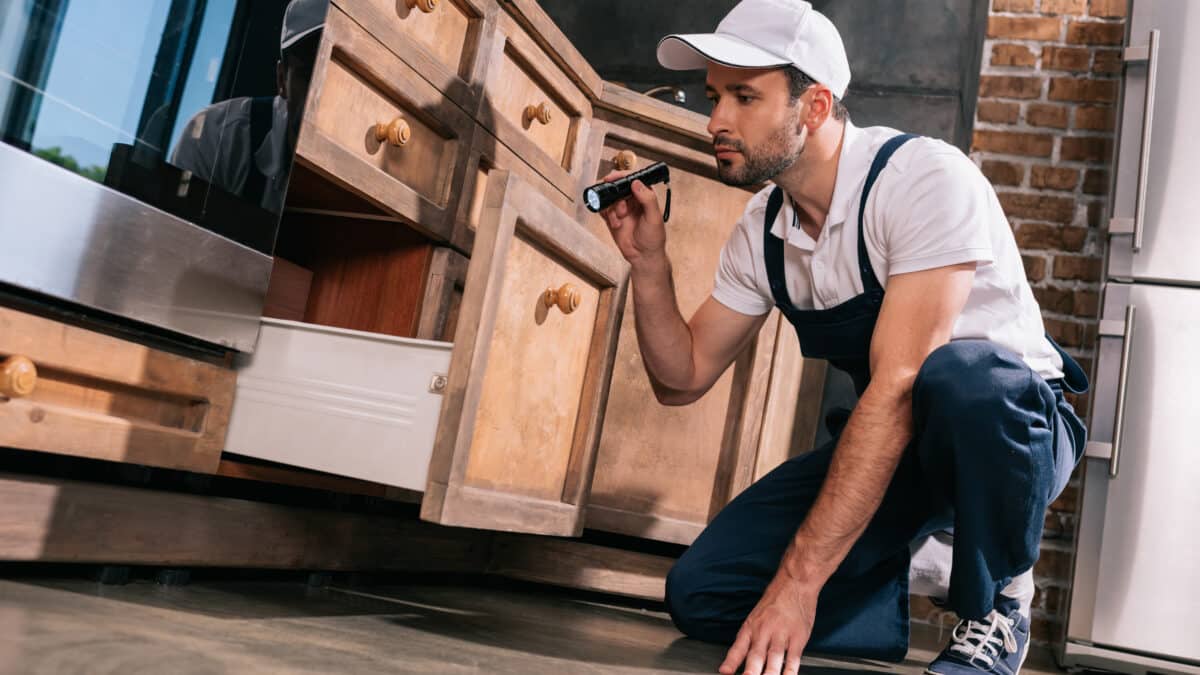 Opérateur de lutte antiparasitaire examinant la cuisine avec une lampe de poche