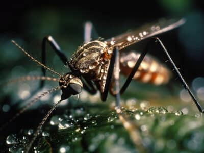 Maladies tropicales en Europe - gros plan d'un moustique Aedes albopictus se nourrissant sur une feuille.