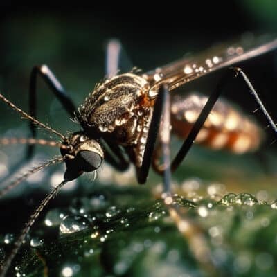 Maladies tropicales en Europe - gros plan d'un moustique Aedes albopictus se nourrissant sur une feuille.