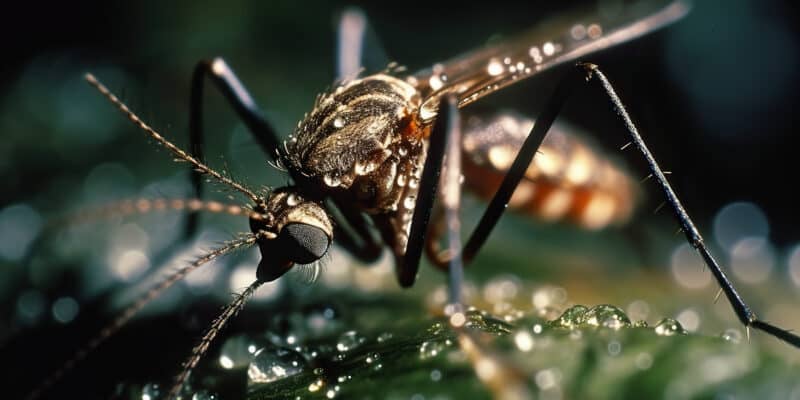 Maladies tropicales en Europe - gros plan d'un moustique Aedes albopictus se nourrissant sur une feuille.