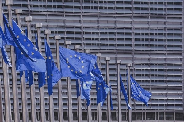 Plusieurs drapeaux européens alignés devant des bâtiments